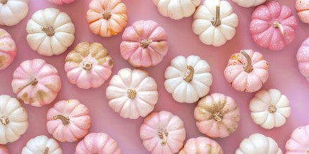 Banner with pink and golden pumpkins on pastel pink background. Generative Ai, AI generated