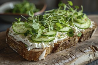 Healthy slice of bread with cucumber, cress and cream cheese. Generative Ai, AI generated