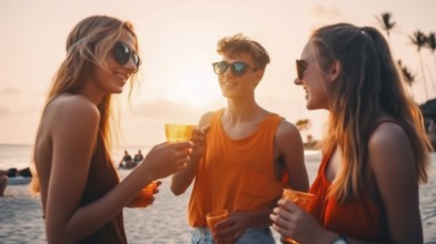 Young adult friends with tropical drinks enjoy the sunset on their vacation, generatvie AI, AI