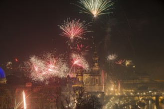 New Year's Eve fireworks over Dresden's Old Town, Dresden, Saxony, Germany, Europe