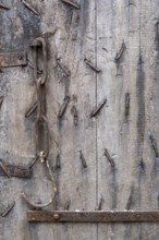 Old wooden door with iron fittings, North Rhine-Westphalia, Germany, Europe