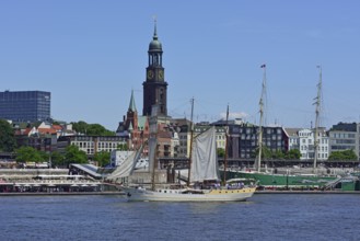 Europe, Germany, Hanseatic City of Hamburg, Baumwall, Elbe, View of the Michel, Windjammer Mare