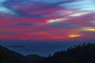 Sunset in the bay of Sant Antoni, Ibiza, Balearic Islands, Mediterranean Sea, Spain, Europe