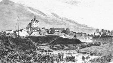 View of Kolberg or Kolobrzeg, Poland, town, river landscape, bank, reeds, hill, basilica,