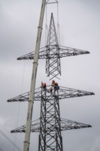 Installation of a high-voltage pylon, construction of a new line route, near Neuss-Holzheim, North