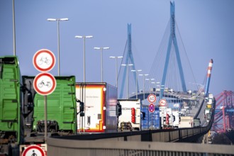 Traffic on the Köhlbrand Bridge in the port of Hamburg, spans the 325 m wide Köhlbrand, an arm of