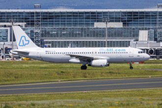 A FlyLili Airbus A320 aircraft with the registration YR-LIA at Frankfurt Airport, Germany, Europe