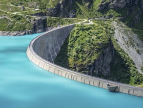 Dam of the Moiry lake, Lac de Moiry, turquoise glacial water, parking lot and restaurant at the