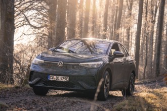 Black car on a forest path, surrounded by trees and sunlight, Car Sharing, electric car, Volkswagen