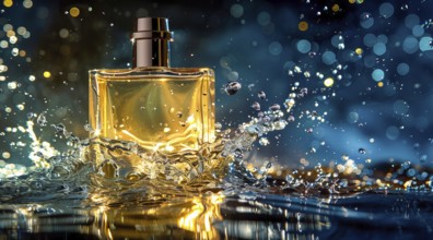 Bottle of expensive luxury perfume in splashes of water. Present for fathers or mothers day, AI