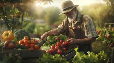 Farmer picking tomatoes from a crate. The scene is set in a garden with a variety of vegetables, AI