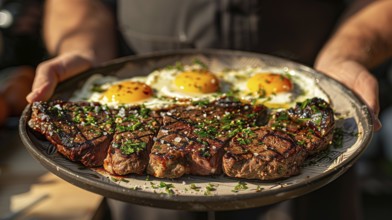 Man holding out A plate filled with steak and eggs. generative AI, AI generated