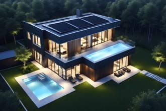 Three dimensional rendering of an illuminated modern ecological real estate residential house, AI