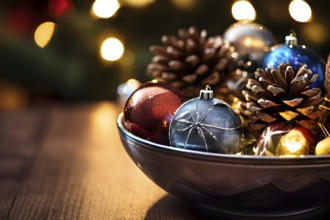 Christmas tree ornaments in a bowl, featuring a mix of glass baubles, pine cones, and fairy lights,