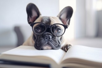 Smart French Bulldog with reading glasses and book. KI generiert, generiert AI generated