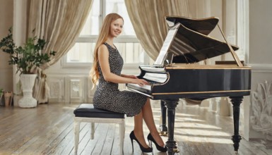 An elegantly dressed woman plays a piece on the piano in a stylishly furnished room, AI generated,