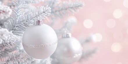 Christmas banner with white bauble ornaments on pink background with copy space. Generative AI, AI