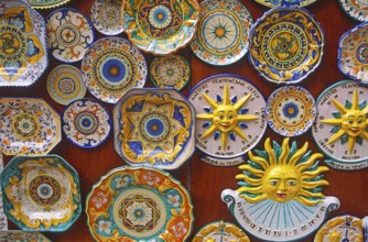 Colourful painted plate souvenirs, Erice. Sicily, Italy, Europe