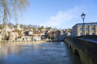 Bridge over River Avon with high level of water, Bradford on Avon, Wiltshire, England, United