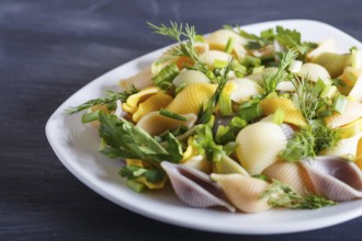 Conchiglie colored pasta with fresh greengrocery on black wooden background. close up, selective