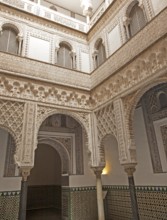 Palace of Pedro First, historic moorish palace architecture in the Alcazar, Seville, Spain, Europe