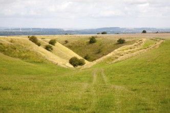 V shaped chalk dry valley eroded into downland escarpment at Bishopstone, Wiltshire, England, UK