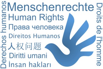 Graphic on the topic of human rights: Public domain human rights logo and the word human rights in