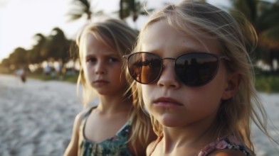 Two young children girlfriends posing wearing sunglasses having fun on the beach, generatvie AI, AI