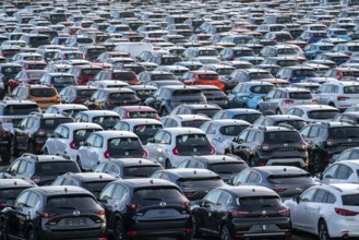 Car terminal in the Logport I inland port, in Duisburg on the Rhine, vehicle handling of new cars,