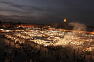 Restaurants in the evening on the Djemaa el Fna square in Marrakech, Morocco, Africa