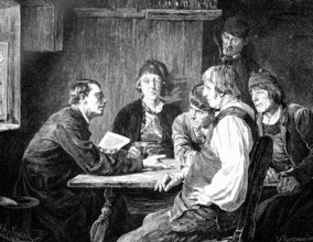 Group of six men discussing a letter from the king in a village pub, 1875, Shown are people in