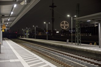 Bayer Cross seen at night from Leverkusen-Mitte railway station, Leverkusen, Bergisches Land, North