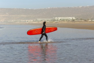 Person surfer in Atlantic Ocean on beach, Taghazout, Morocco, North Africa, Africa