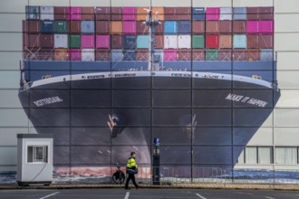 Mural at the pier of the Cruise Terminal Rotterdam, container freighter, car park, Netherlands