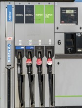 Petrol station pump, AdBlue, diesel, Super, Super E10, petrol, fuels, pump nozzle, display, fuel