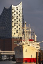 Port of Hamburg, museum ship Cap San Diego at the St. Pauli Landungsbrücken, Elbe Philharmonic