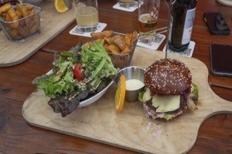 Veggie burger with fries and salad served on a wooden board, Bavaria, Germany, Europe