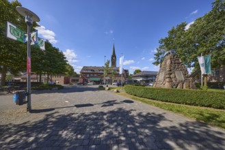 Church of St. Pancratius, war memorial and Weseler Strasse in the Buldern district, Dülmen,