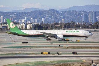 A Boeing 777-300 (ER) aircraft of EVA Air with registration number B-16726 at Los Angeles Airport,