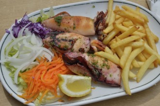 Grilled squid, fries and salad on a plate, Majorca, Balearic Islands, Spain, Europe