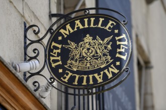 Sign on a shop of the mustard producer Maille in the old town, Dijon, Côte d'Or department,