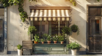 Typical European vintage authentic shop facade in historic center, AI generated