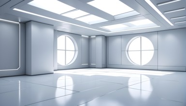 Three dimensional rendering of a futuristic empty room with skylights, AI generated