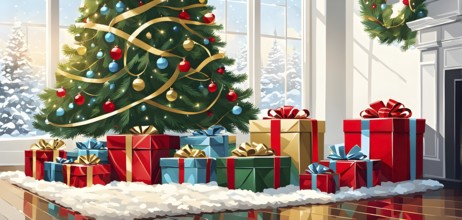 Abstract illustration of wrapped Christmas gifts, shiny ribbons and bows, stacked under a evergreen