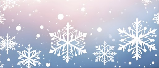 Abstract pattern of snowflakes in varying sizes and shapes in soft white and blue gradients, AI