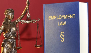 Symbolic image: Reference book Employment law (labour law) and a Justitia