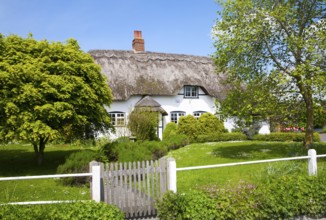 Pretty thatched country cottage in the village of Allington, Wiltshire, England, United Kingdom,