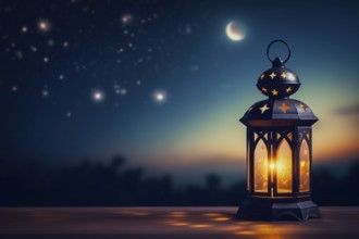 Ramadan lantern on table background, evoking the rich traditions and serene moments of the holy