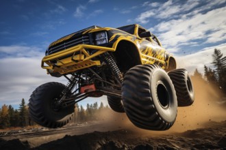 Monster truck driving and jumping outdoors amidst a cloud of dust. Thrill and adrenaline of an