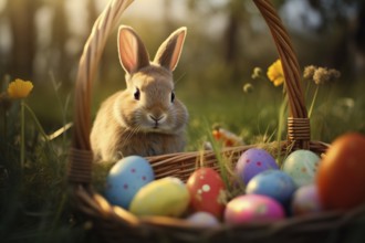 Cute Easter bunny sits beside a basket filled with colorful, decorated eggs amidst a vibrant green